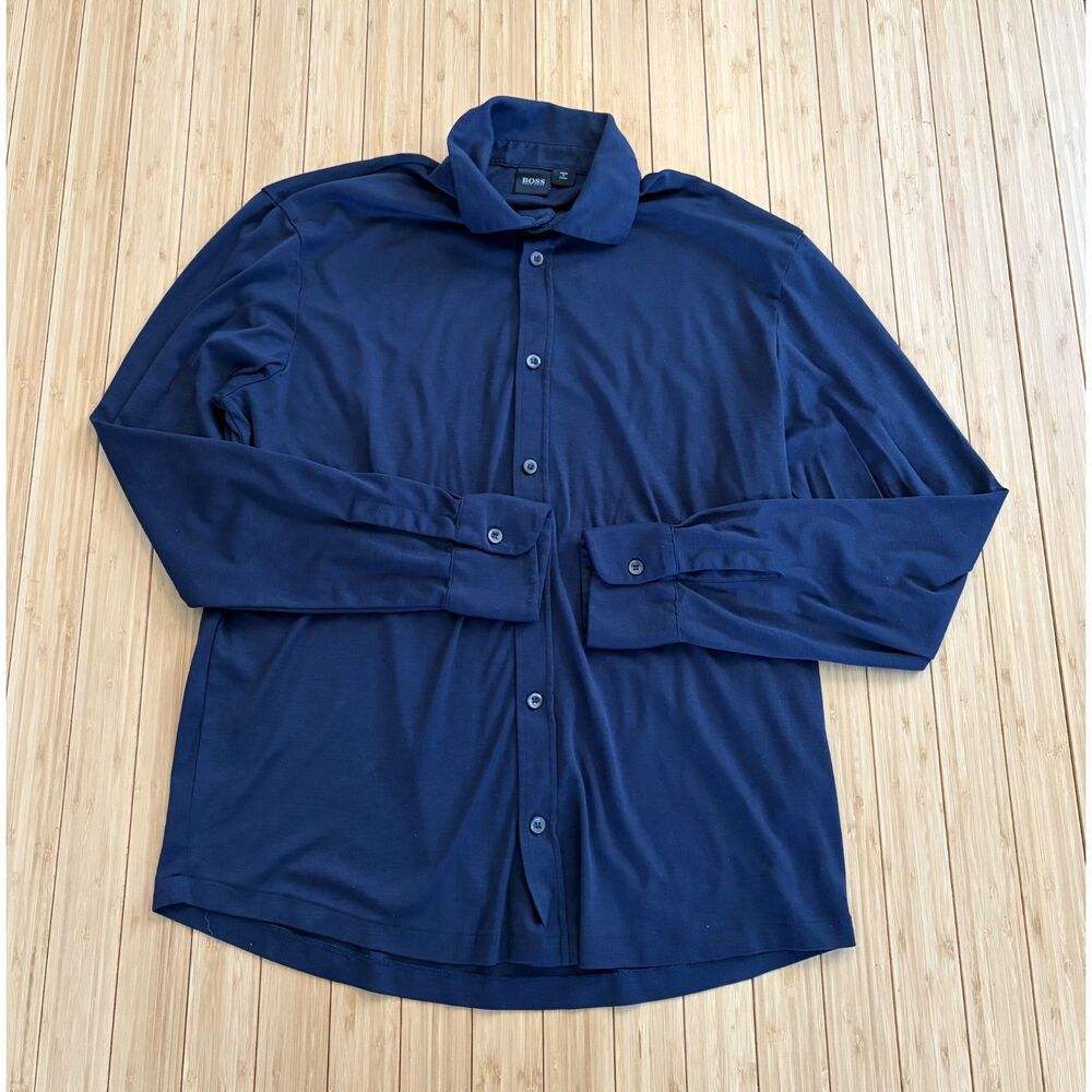 Hugo Boss Men's Navy Blue Button Up Collared Shirt Soft Material-Large
